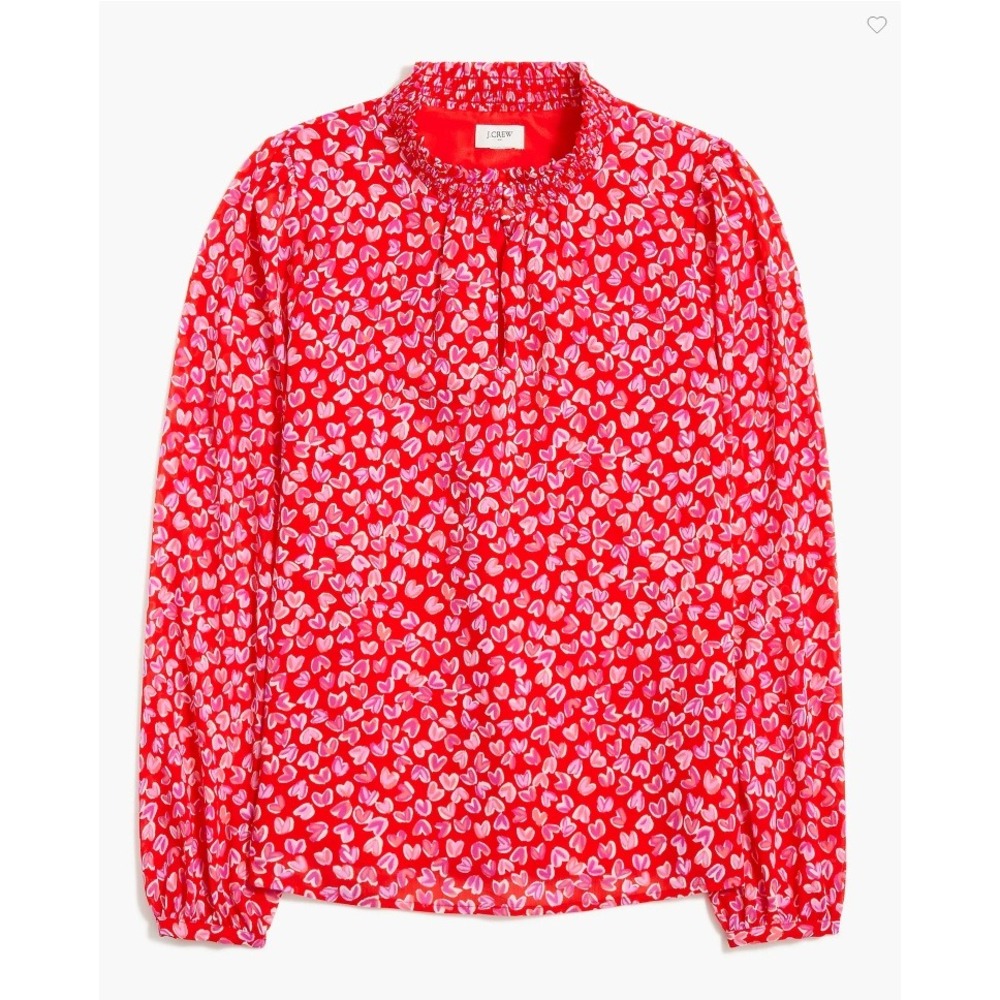 J. Crew Factory Red Heart Print Smocked Keyhole Blouse Long Sleeve Polyester XL